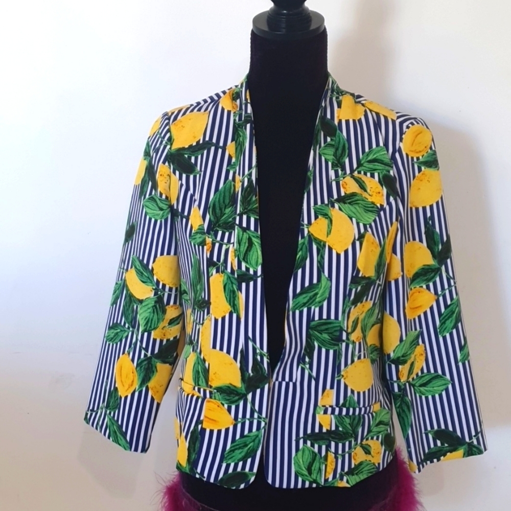 Roz & Ali Size XS (approx 8) Navy Blue and Yellow Striped Lemon Jacket - Picture 1 of 7